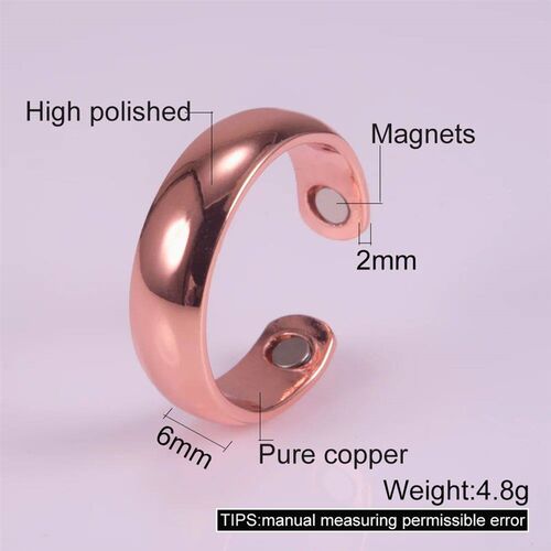 Pure Copper Rings Magnetic 6mm Adjustable Open Cuff Finger R