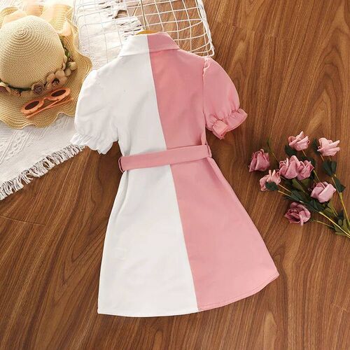Summer Girls Dress Shirt Patchwork Color Lapel Puff Sleeve