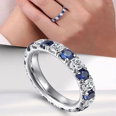 Blue/White Round Cubic Zirconia Promise Rings for Women Wedd