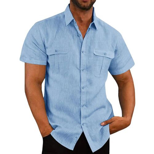 Cotton Linen Hot Sale Men Short-Sleeved Shirts Summer Solid
