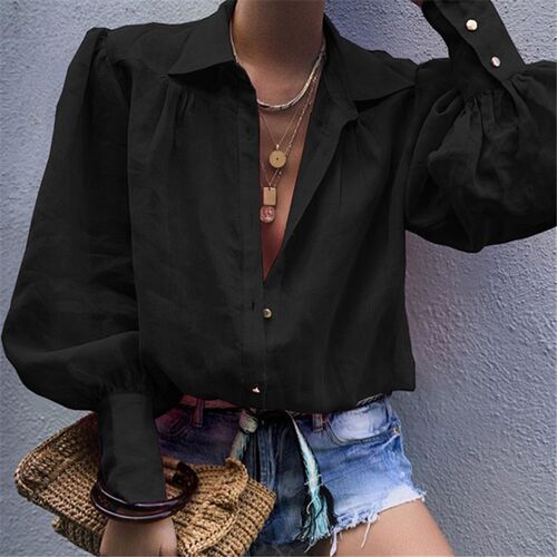 Women Fashion White Casual Lantern Long Sleeve Blouse Lapel