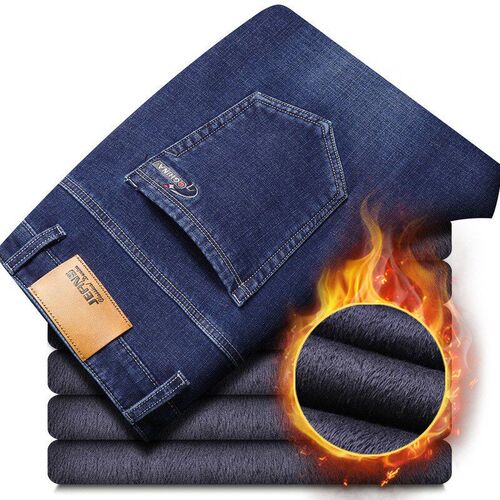 Winter Thick Warm Jeans for Men Relaxed Straight with Elasti