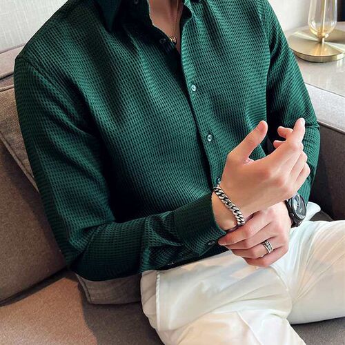 Mens Green Shirt Long-sleeved High-end Sense New Waffles Hi