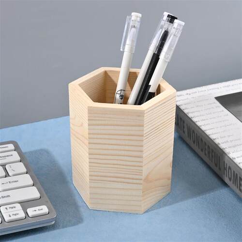 Pencil Holder Office Desk Wood Square/Round/Hexagon Pen Hold