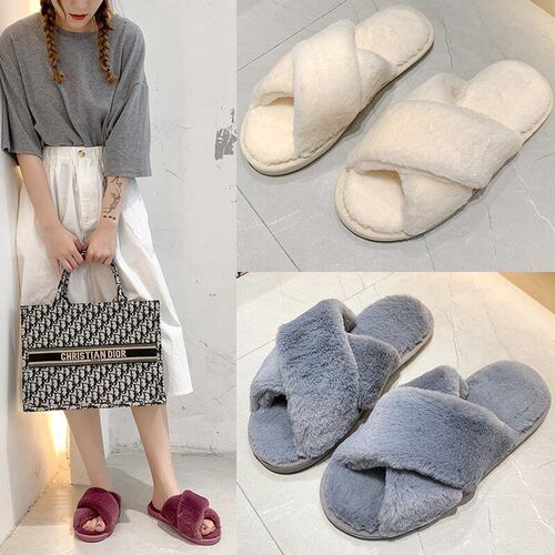 Big Rabbit Velvet Cross-strap Couple Floor Cotton Slippers I