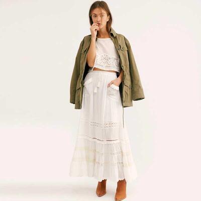 Boho Inspired Womens White Maxi Skirt patch pockets tassel