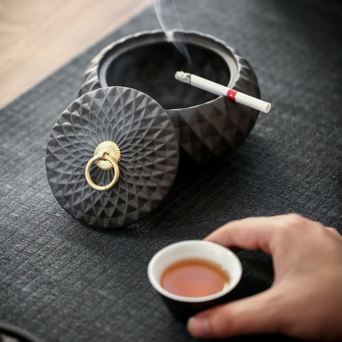 精品粗陶烟灰缸创意复古个性带盖防飞灰家用客厅车载茶台大号烟缸
