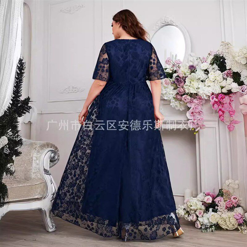 Plus Size Women Fashion Elegant Bridesmaid Lace Dress V-neck图片
