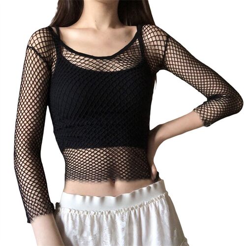Women Mesh Crop Top Long Sleeve Crew Neck Fish Net Sheer T-s