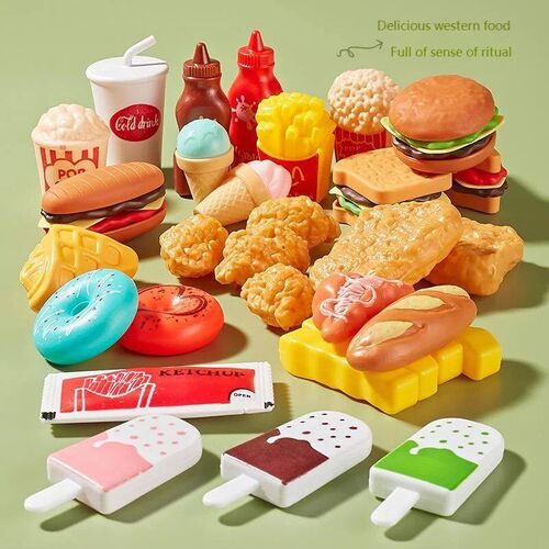 Children simulate night market stall every toy girl dessert