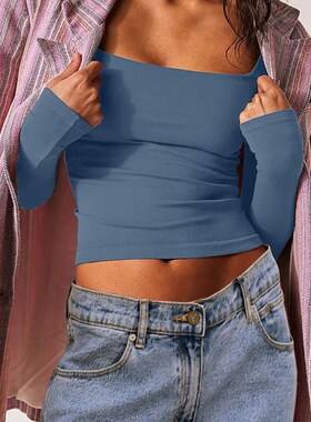 Women Square Neck Long Sleeve Crop Top Double Lined Basic Te