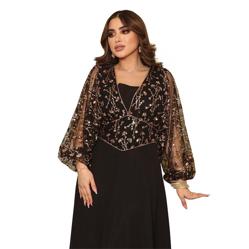 Luxury Abaya Party Black Dresses for Women Sequins Mesh Yarn图片