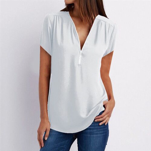 Summer White Black Blouse Woman Fashion Zipper V Neck Casual