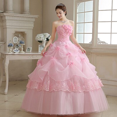 Pink/White/Red Bride Wedding Dress Lace Up Tube Top Floor-le