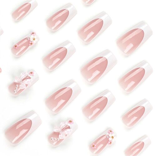 24Pcs Pink Long Square False Nails  Ballet Glittring Nail wi