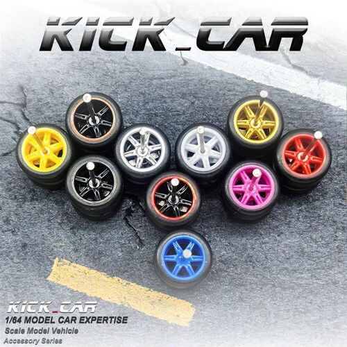 1/64 Wheels with Fixed Rubber Tires Six Spoke for Toy Model