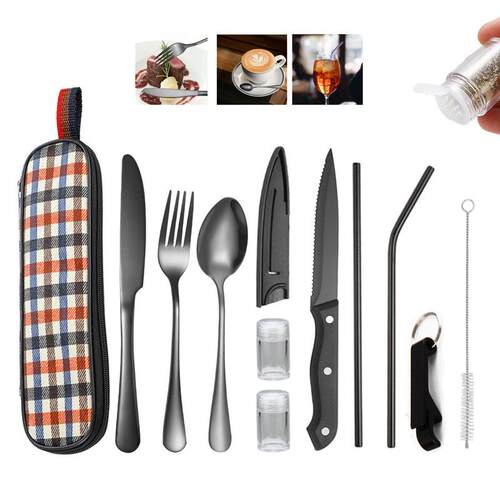 New Outdoor Tableware Stainless Steel Knife Fork Straw Bag
