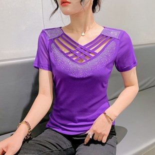2023 Summer Mesh Tops Korean Fashion Cross Hollow out Shirt