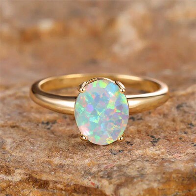 White Fire Opal Egg Ring Big Oval Stone Engagement Rings For