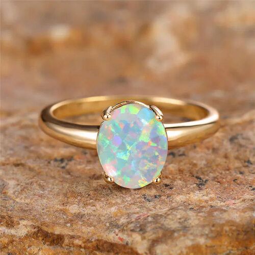 White Fire Opal Egg Ring Big Oval Stone Engagement Rings For