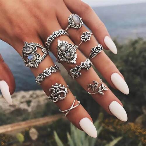 Bohemia Green Stone Finger Ring Set For Women Geometric Moon