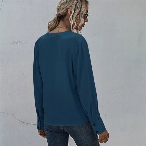 2021 Women Chiffon Blouse V-neck Long-sleeved Pleated Chiffo