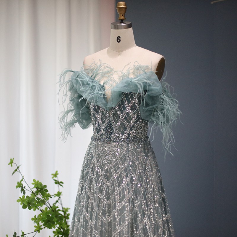 Sharon Said Luxury Feathers Green Dubai Evening Dresses 2023图片