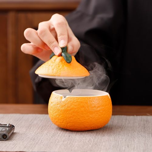 陶瓷烟灰缸【大吉大利】橘子家用茶几带盖个性装饰摆件防风防飞灰