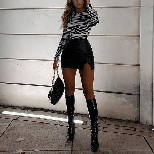High Waist Split Pu Leather WomenS Mini Skirt Bodycon A-Lin