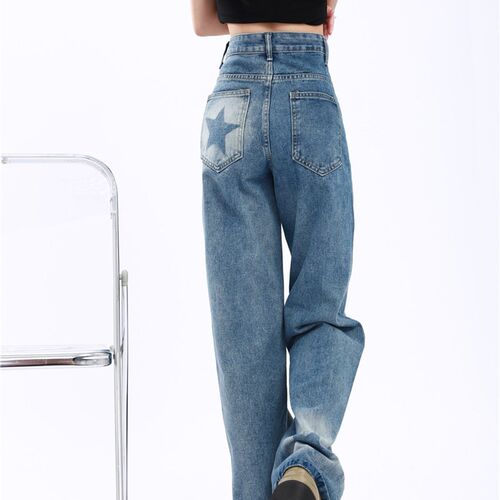 S-4XL All-match Star Denim Pants Women Retro Washed Wide Leg