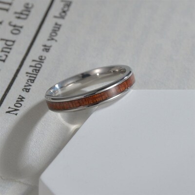 4mm 6mm Stainless Steel Ring True Brown Koa Wood Inlay High