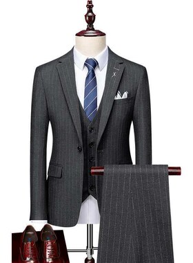 Flat collar casual mens suit slim gray three-piece autumn a
