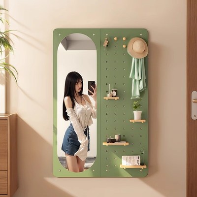 洞洞板全身镜子家用实木挂墙穿衣镜入户玄关壁挂衣帽架一体落地镜
