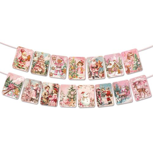 Pink Vintage Christmas Banner Santa Snowman decor Merry Chri