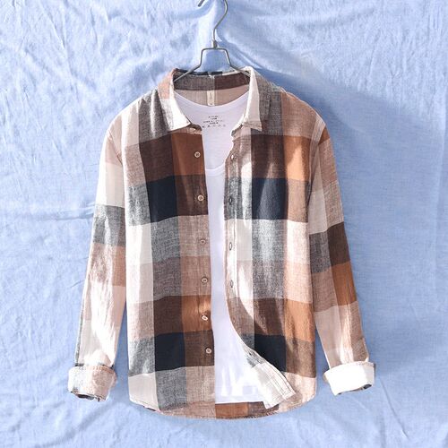 Cotton Linen Casual Plaid Shirts for Men Long Sleeve ops Mal