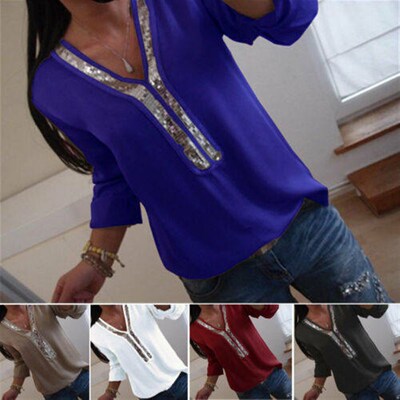 Fashion Women Ladies Long Sleeve Loose Blouse Summer V-Neck