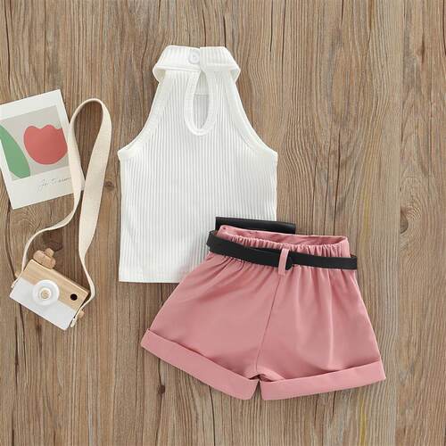 Little Girl Three-Piece Outfits Solid Color Sleeveless Ribbe