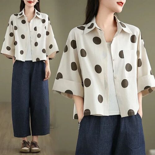 Loose Polka Dot Cotton Linen Short Sleeve Shirt Casual Sprin