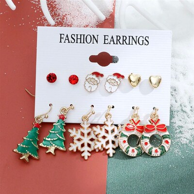 6 pairs/lot Christmas Earrings Xmas Tree Elk Snowman Santa C