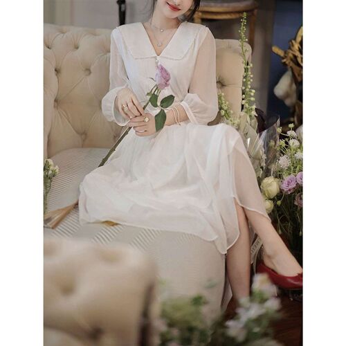 Tea Break French Niche Lapel Dress Solid Color Fairy Super F