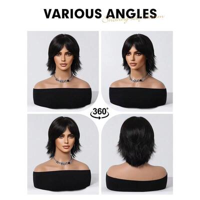12 inch short salmon head wig with bangs, womens short stra