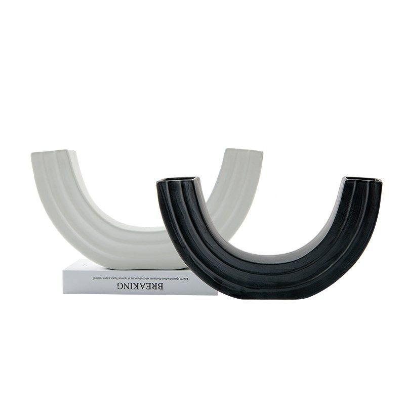 现代极简黑白U型陶瓷花瓶花器摆件插花客厅餐桌样板房酒店装饰品,家居饰品,装饰摆件,淘宝优惠券,粉丝福利购,淘宝优惠卷