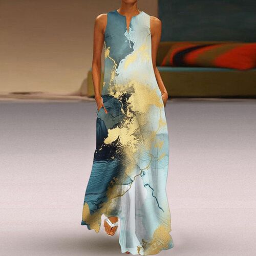 Womens Elegant Dress Summer V-neck Sleeveless Printed A-lin