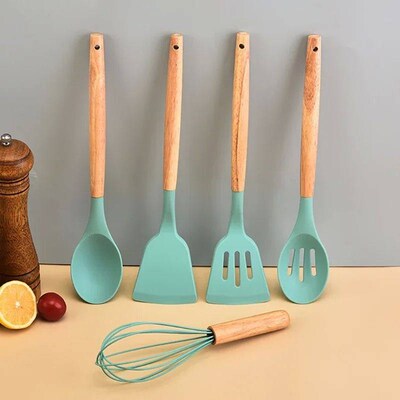 12Pcs Silicone Kitchen Utensils Cooking Wooden Handle Non St