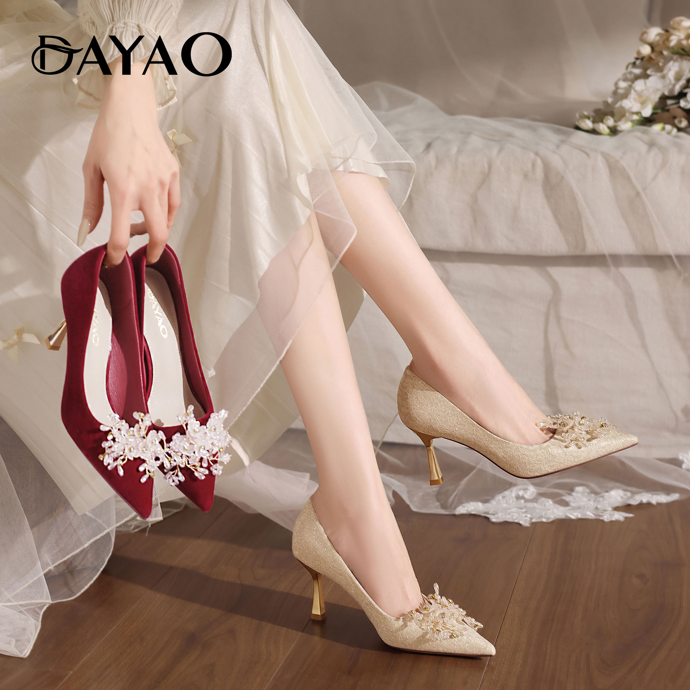 大尧2026新款红色高跟鞋细跟婚鞋尖头气质婚纱秀禾新娘鞋93751