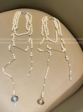 W3Studio土星镶钻破碎珍珠项链女长款不规则复古立体夸张毛衣链女