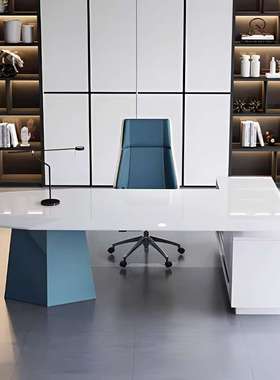 烤漆蓝色创意办公桌大气时尚办公桌高管办公桌烤漆办公室单人桌椅