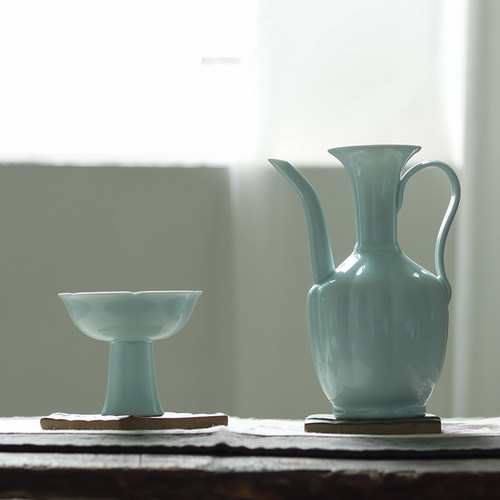 中式手工复古仿宋影青葵口高脚酒杯茶杯高足主人杯宋代陶瓷茶酒杯