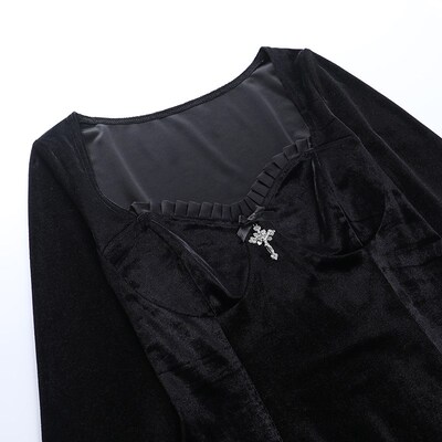 Grunge Gothic Black Mini Dress Lace Trim High Waist Bodycon