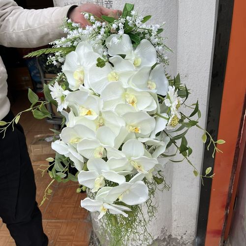 白绿韩式手捧花瀑布形新娘花束仿真婚礼复古民国风拍照道具手捧花